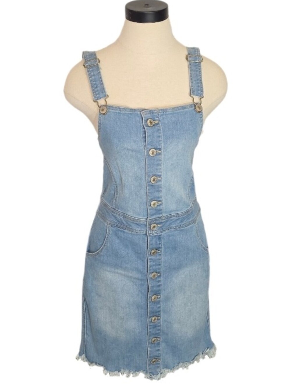 Wax Jean Basic Denim Dress Overalls Button Down Raw Hem Blue Size S Small